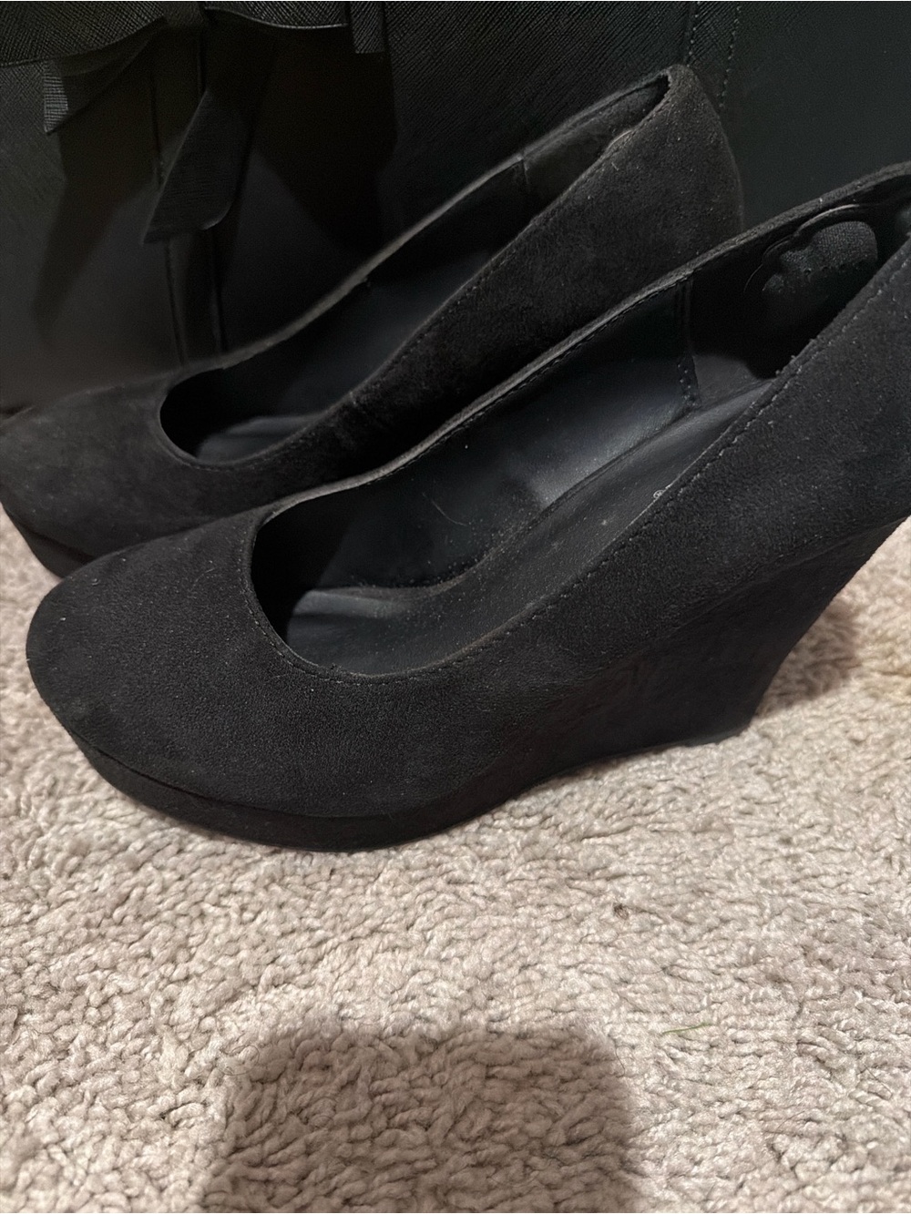 Soda Black Suede Round-Toe Wedge Pumps